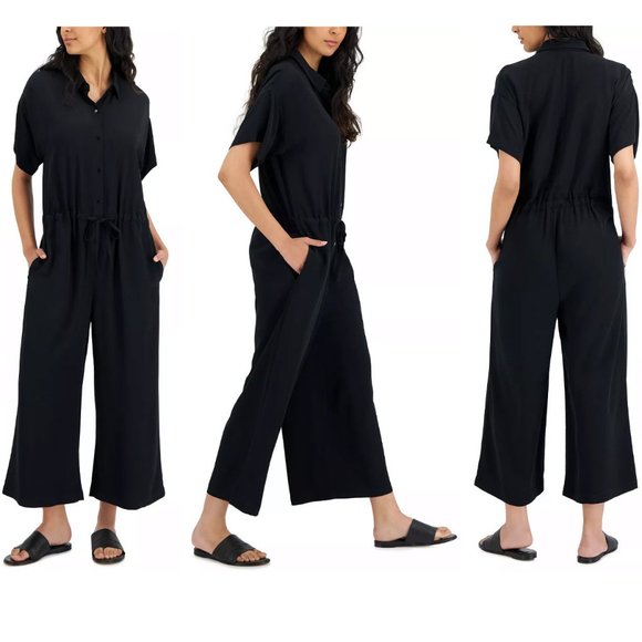 EILEEN FISHER Women's Classic Collar Short-Sleeve Wide-Leg Jumpsuit Sz XL - Picture 1 of 12